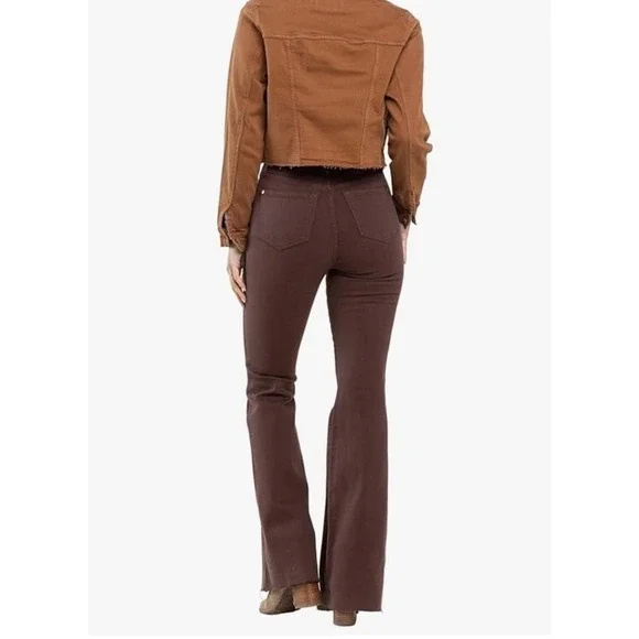 Judy Blue Women's High-Rise Espresso Brown Garment Dyed Flare Jeans Raw Hem 5/27 - Picture 3 of 11